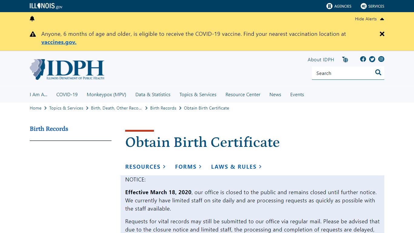 Obtain Birth Certificate - Illinois